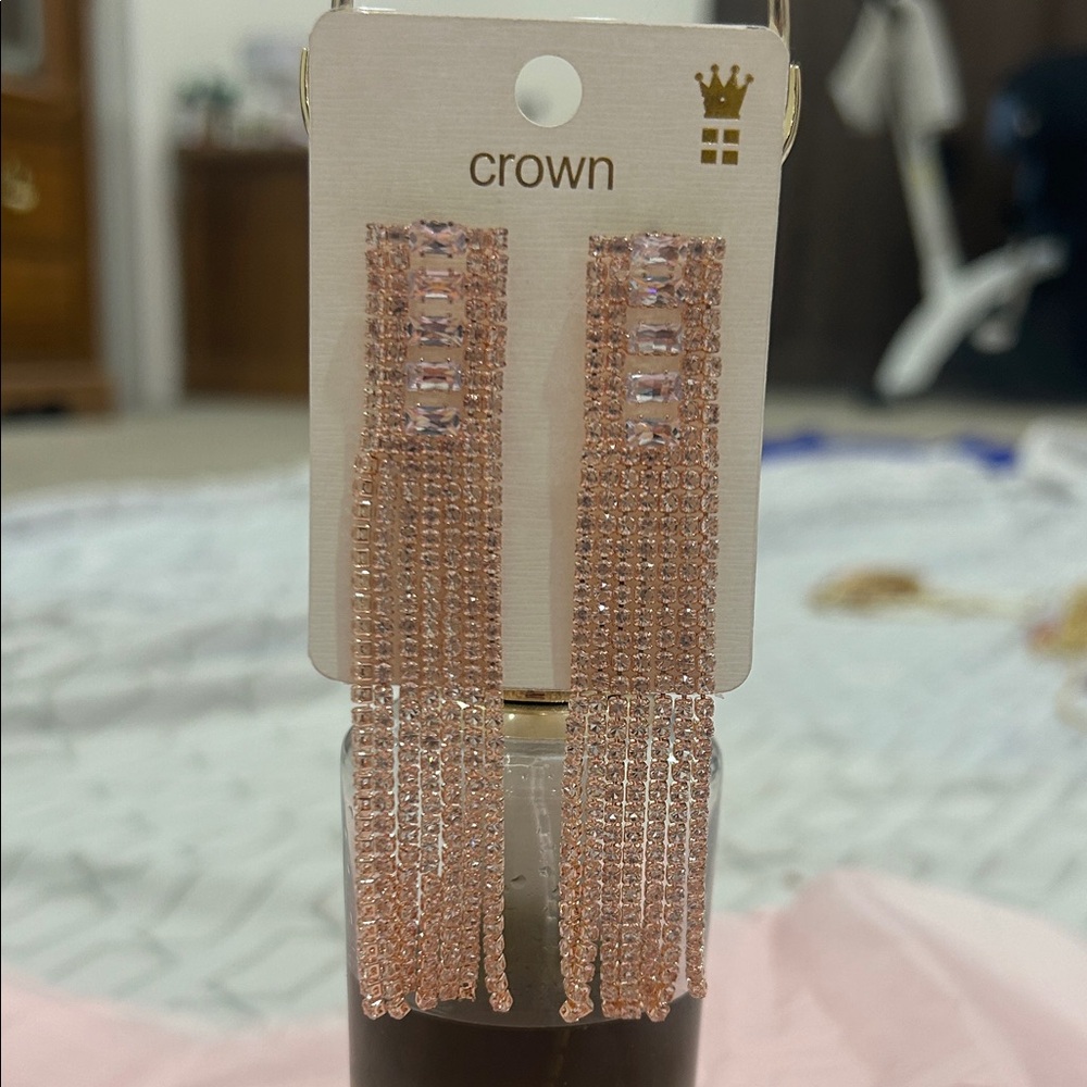 Crown Pink Crystal Drop Earrings